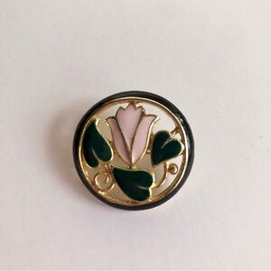 Vintage enamel Cloisonné  Pink Tulip Flower heart green leaf brooch Taiwan